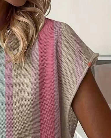 Summer Striped Knit Top, Drop Shoulder Loose Cover Up