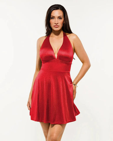 Women Satin Halter Deep V Backless A-Line Mini Party Dress
