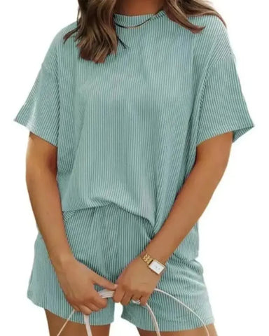 Women’s Ribbed Lounge Set Short Sleeve Top & High-Waist Shorts Pajamas