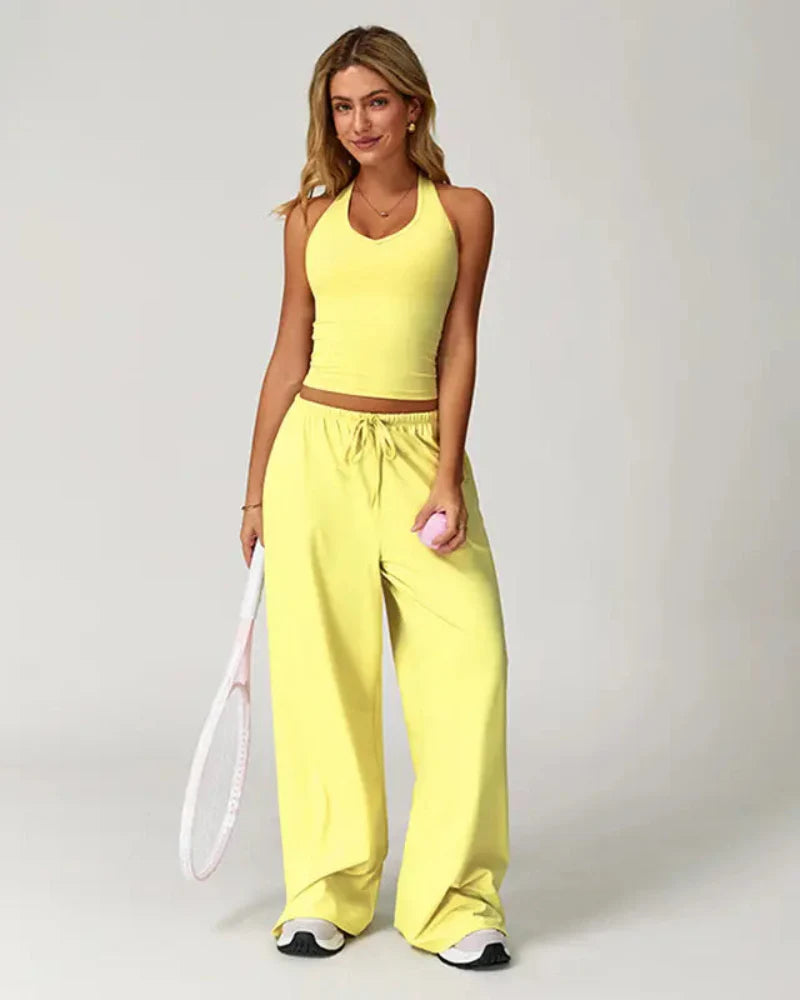 Women’s 2-Piece Lounge Set, V-Neck Top & Wide Leg Pants
