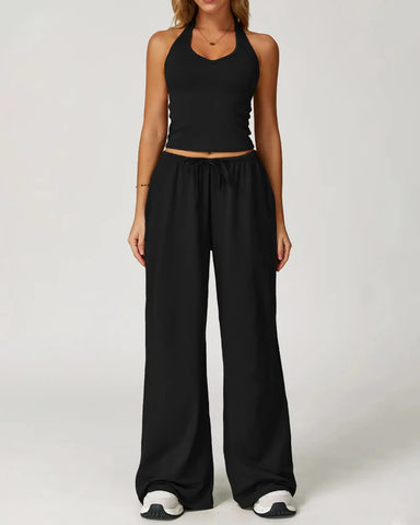 Women’s 2-Piece Lounge Set, V-Neck Top & Wide Leg Pants