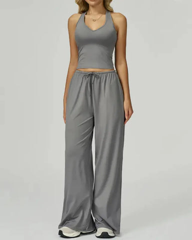 Women’s 2-Piece Lounge Set, V-Neck Top & Wide Leg Pants