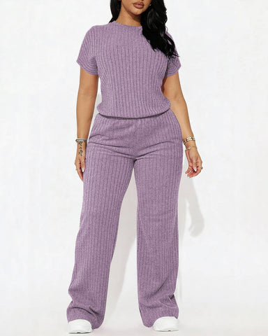 Women’s Ribbed Set – Top & Wide-Leg Pants, Casual Wear