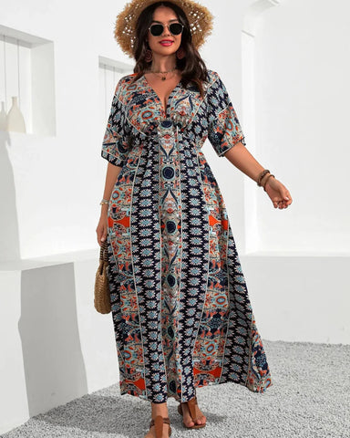 Plus Size Boho V-Neck Floral A-Line Dress