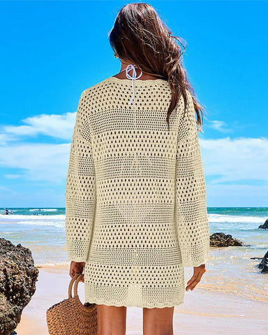 Long Sleeve Crochet Swim Cover Up Beach Dress