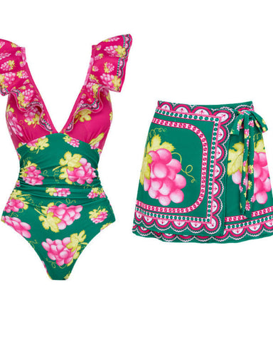 Shapejelly® Long-sleeved Retro Green Grapes Print One Piece Swimsuit and Skirt