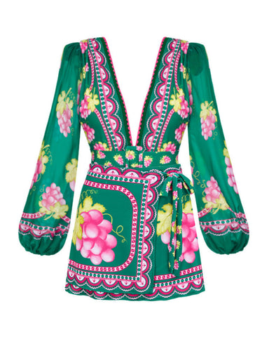 Shapecurve? Long-sleeved Retro Green Grapes Print One Piece Swimsuit and Skirt