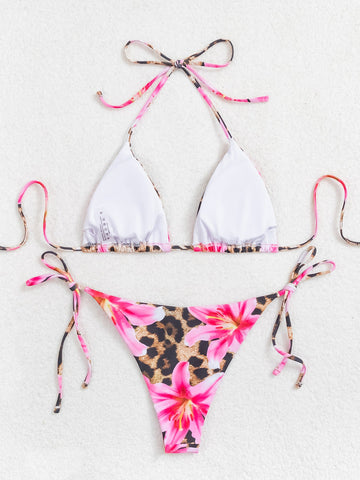 Women's Halter Triangle Bikini Sets Floral 3 Piece Swimsuit Bathing Suit Cover Up Long Skirt