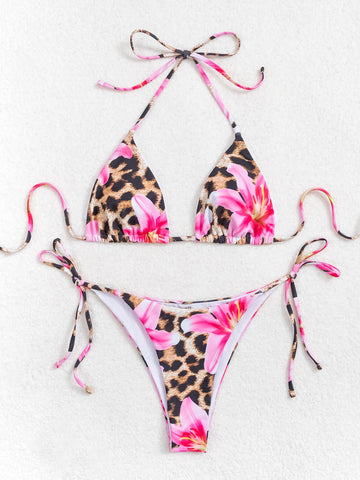 Women's Halter Triangle Bikini Sets Floral 3 Piece Swimsuit Bathing Suit Cover Up Long Skirt