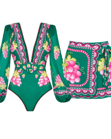 Shapecurve® Long-sleeved Retro Green Grapes Print One Piece Swimsuit and Skirt