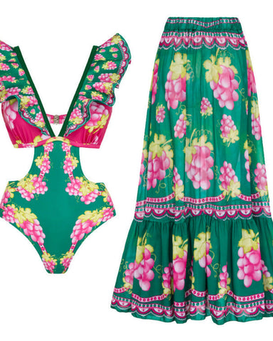 Shapejelly® Long-sleeved Retro Green Grapes Print One Piece Swimsuit and Skirt