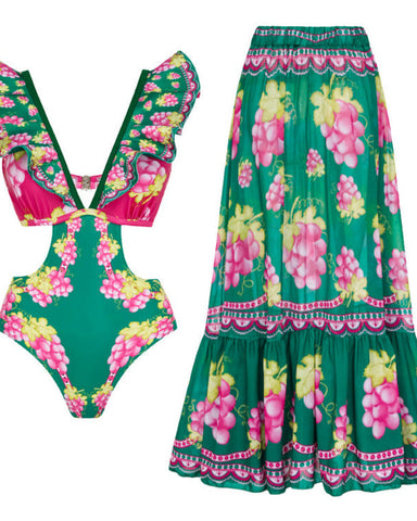 Shapecurve? Long-sleeved Retro Green Grapes Print One Piece Swimsuit and Skirt