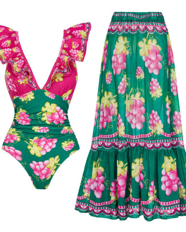 Shapejelly® Long-sleeved Retro Green Grapes Print One Piece Swimsuit and Skirt