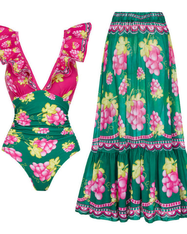 Shapejelly® Long-sleeved Retro Green Grapes Print One Piece Swimsuit and Skirt