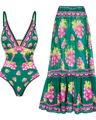 Shapecurve? Long-sleeved Retro Green Grapes Print One Piece Swimsuit and Skirt