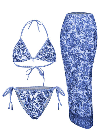 Women's Halter Triangle Bikini Sets Floral 3 Piece Swimsuit Bathing Suit Cover Up Long Skirt