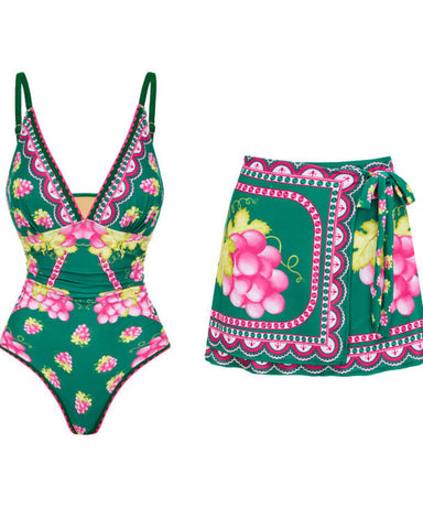 Shapejelly® Long-sleeved Retro Green Grapes Print One Piece Swimsuit and Skirt