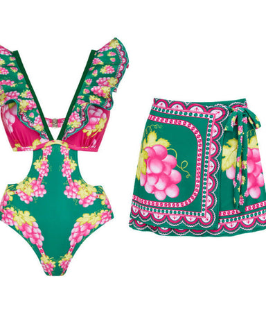 Shapecurve® Long-sleeved Retro Green Grapes Print One Piece Swimsuit and Skirt