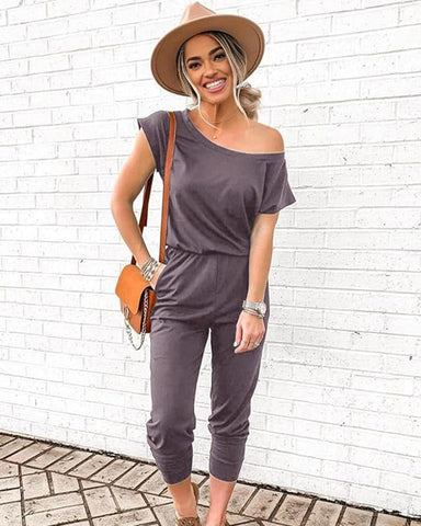 Off-Shoulder Short Sleeve Beam Foot Jumpsuit