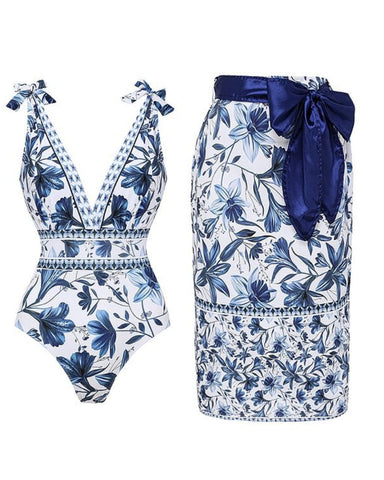 Shapecurve? V Neck Lace Up Strip Plant Prints One Piece Swimsuit and Skirt/Sarong