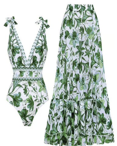Shapejelly® V Neck Lace Up Strip Plant Prints One Piece Swimsuit and Skirt/Sarong