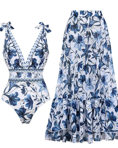 Shapejelly® V Neck Lace Up Strip Plant Prints One Piece Swimsuit and Skirt/Sarong