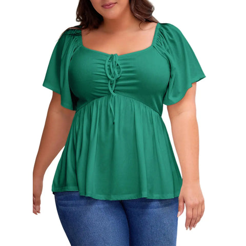 Shapejelly Women Plus Size Sweetheart Neck Short Sleeve Shirred Peplum Blouse Tops Shirts(1X-5X)