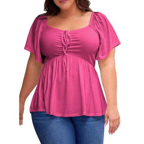 Shapecurve Women Plus Size Sweetheart Neck Short Sleeve Shirred Peplum Blouse Tops Shirts(1X-5X)