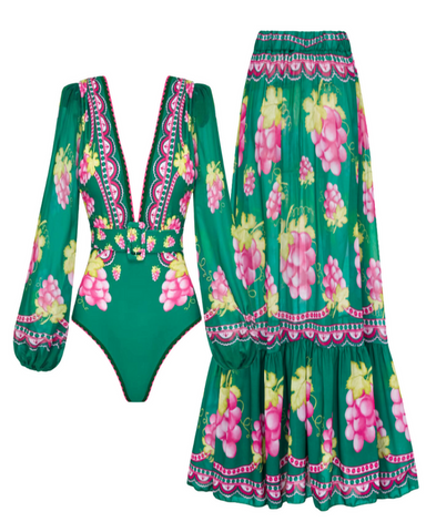 Shapejelly® Long-sleeved Retro Green Grapes Print One Piece Swimsuit and Skirt