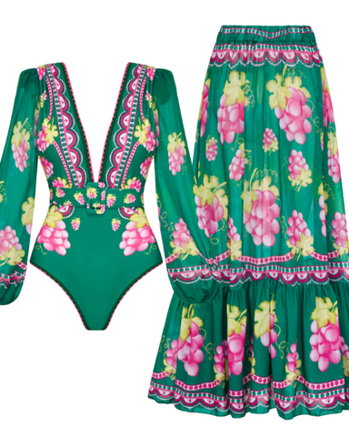 Shapecurve® Long-sleeved Retro Green Grapes Print One Piece Swimsuit and Skirt