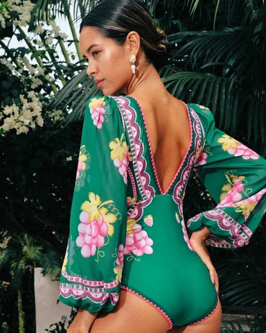 Shapecurve® Long-sleeved Retro Green Grapes Print One Piece Swimsuit and Skirt