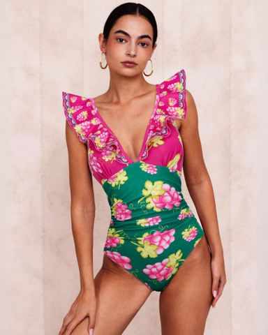 Shapejelly® Long-sleeved Retro Green Grapes Print One Piece Swimsuit and Skirt
