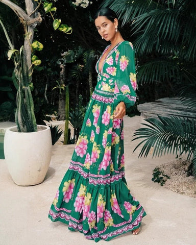 Shapecurve? Long-sleeved Retro Green Grapes Print One Piece Swimsuit and Skirt