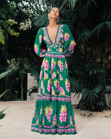 Shapecurve? Long-sleeved Retro Green Grapes Print One Piece Swimsuit and Skirt