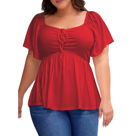 Shapecurve Women Plus Size Sweetheart Neck Short Sleeve Shirred Peplum Blouse Tops Shirts(1X-5X)