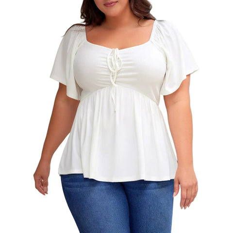 Shapecurve Women Plus Size Sweetheart Neck Short Sleeve Shirred Peplum Blouse Tops Shirts(1X-5X)