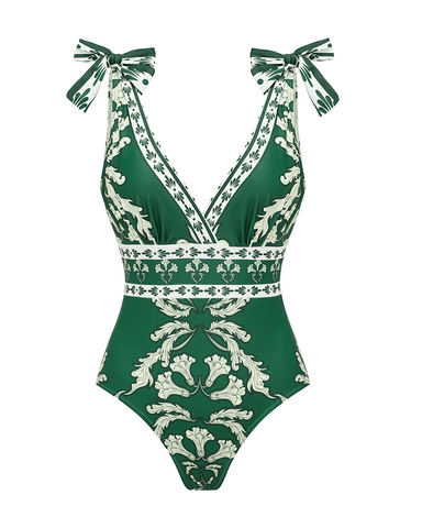 Shapejelly® V Neck Lace Up Printed One Piece Swimsuit and Skirt