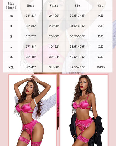 5-Piece Satin Lace Lingerie Set with Underwire Bra, Panty & Garter Belts