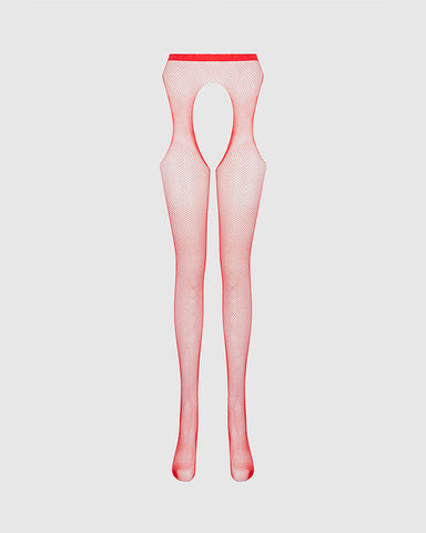 Red Sheer Fishnet Open-Crotch Tights
