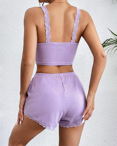 Sexy Lace Trim Ribbed Cami Shorts Pajama Set for Women