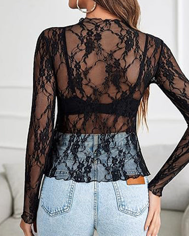 Women’s Sheer Mesh Top – Long Sleeve Floral Lace Blouse with Mock Neck