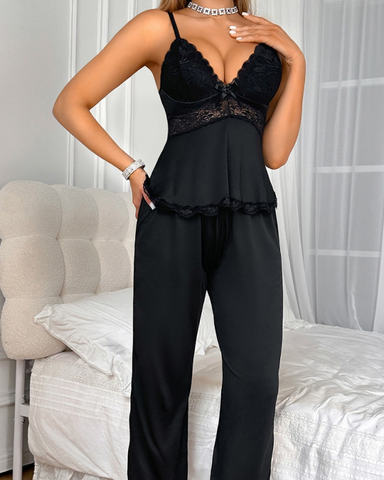 Black casual lace camisole two-piece pajamas