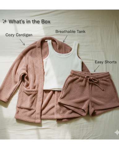 Women’s 3-Piece Plush Loungewear Set – Long Sleeve Top, Shorts & Pants