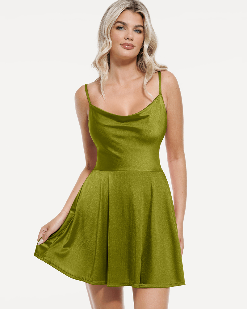 Popilush® Green / XS Shapewear Strappy Cowl Neck Tummy Control Flare Dress