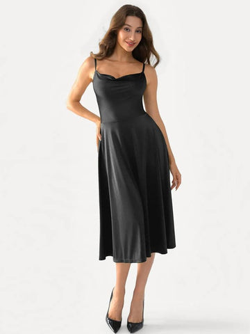 Popilush® Midi Dress / Black / XS Shapewear Strappy Cowl Neck Tummy Control Flare Dress